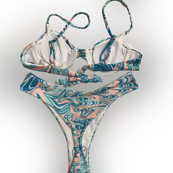 Blue Swirl Underwire High Waisted Thong Bikini Set - Picture 3 of 10